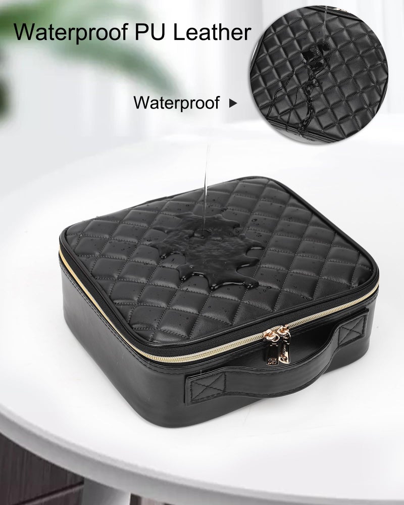 Relavel Makeup Bag  Travel Cosmetic Train Case Organizer Portable Artist Storage Bag with Adjustable Dividers for Cosmetics Makeup Brushes Toiletry Jewelry Digital Accessories Quilted Leather Black - Image 5